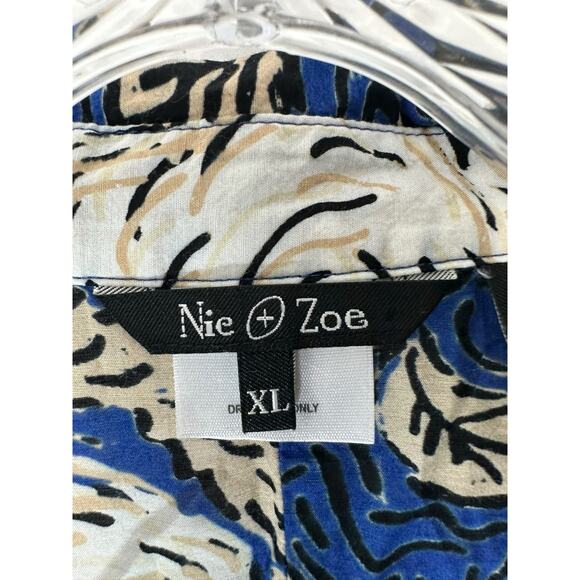 Nic + Zoe Blouse Blue Tan Button Up Short Sleeve Silk Blend Lightweight Size XL - Picture 2 of 12